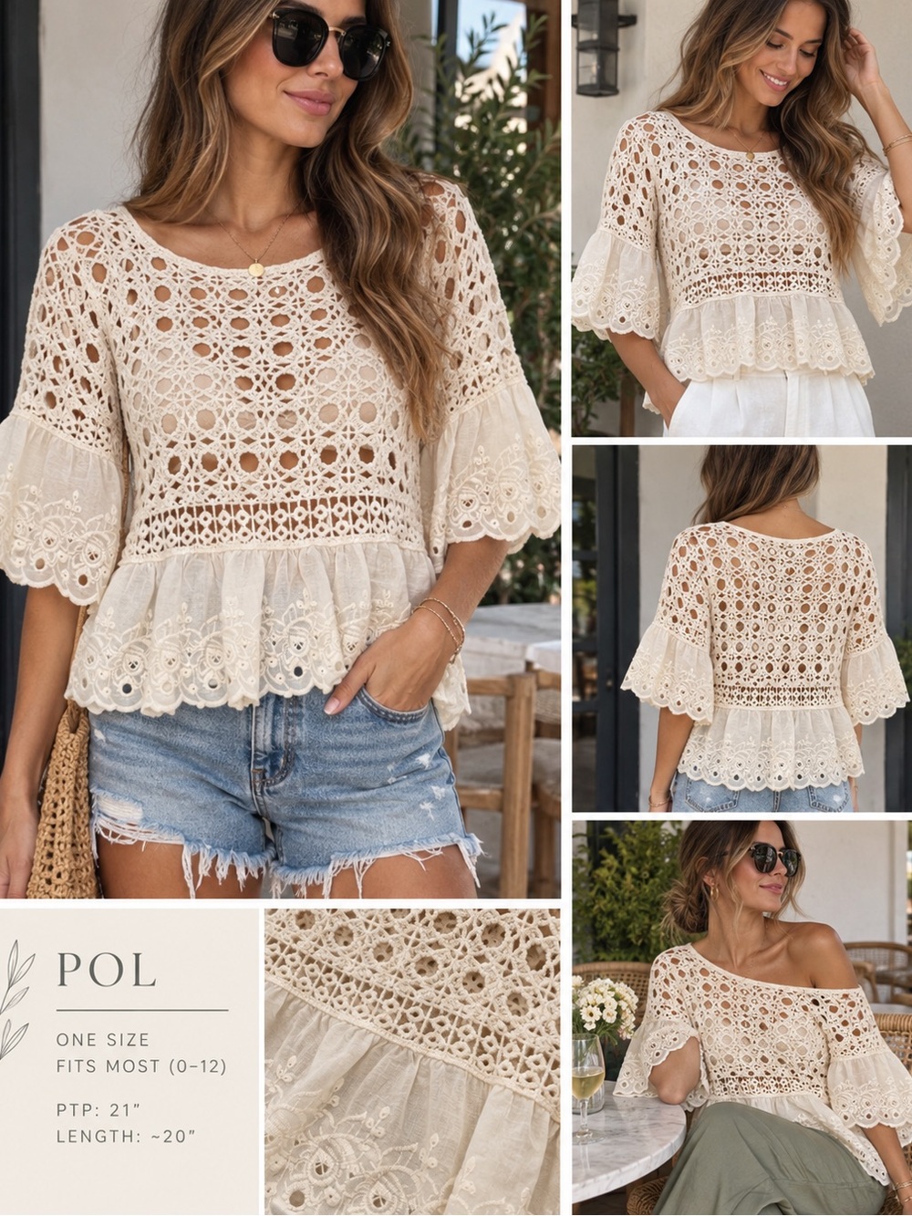 POL Crochet Peplum Blouse in Cream - Casual Feminine Top (NWOT)